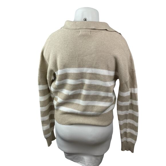 Marled Women's Beige White Striped Collared Long Sleeve Crop Polo Sweater Top XL - Picture 4 of 6